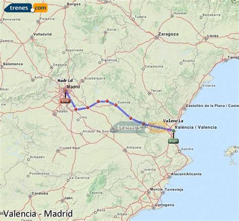  Trenes desde Valencia a Madrid. La duración media de viaje en tren entre Valencia y Madrid es de 2h 2min. El tren más veloz de Valencia a Madrid dura 1h 53min. Alrededor de 23 trenes al día recorren los 303 km que separan ambas ciudades. Puedes reservar tu billete a partir de 7 € al reservar con antelación. .