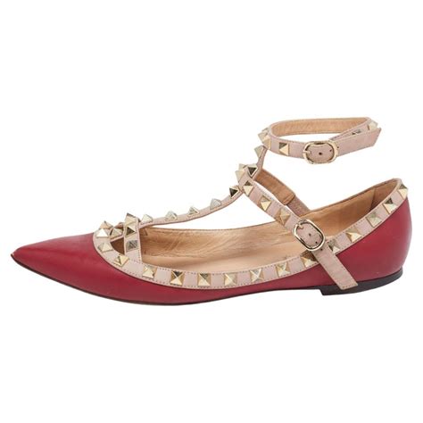 Valentino Burgundy/Pink Leather Rockstud Ankle-Strap Ballet Flats …