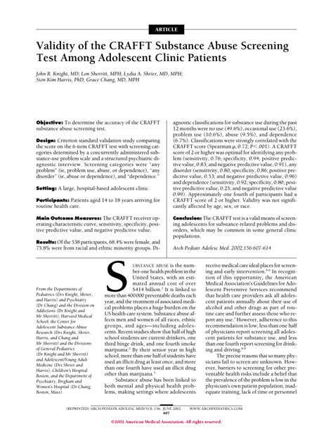 Validity of the CRAFFT Substance Abuse Screening Test Among Adolescent