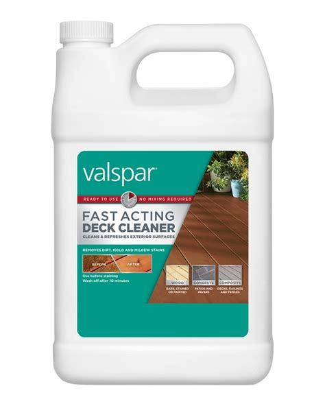 Valspar deck cleaner. The MOLD ARMOR E-Z Deck, Fence and Patio Wash will make your deck bright again within minutes. This outdoor mold and mildew killer and stain cleaner uses a bleach-based formula that cleans and brightens exterior surfaces dulled by the presence of mold. Ideal for use on decks, fences, painted/sealed wood, composite, PVC, restored and resurfaced ... 