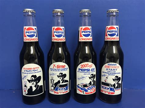Value of richard petty pepsi bottles. VINTAGE PEPSI BOTTLE This auction is for a 2 fantastic vintage Pepsi Bottle’s in great condition Pepsi Longneck, FIRST WINSTON CUP VICTORY, FEBRUARY 28, 1960, CHARLOTTE FAIRGROUNDS RICHARD PETTY. NASCAR FANS L@@K AT ME Measures approximately 9 1/4" high. 70 years old W@W It is a longneck 12 fl oz bottle. … 