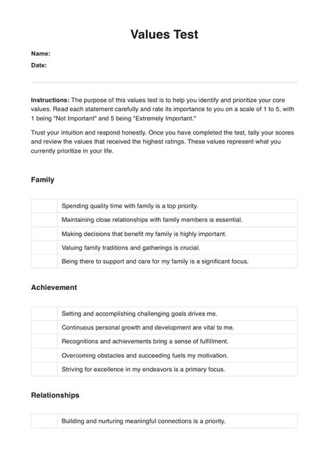 Values Assessment Worksheet Values Assessment Worksheet Temp