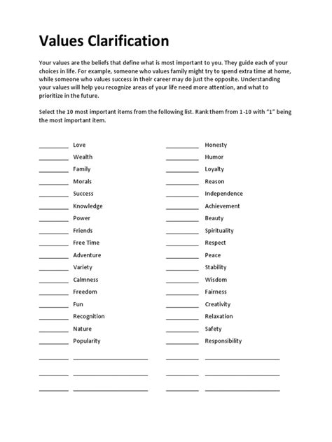 Values Clarification Worksheet