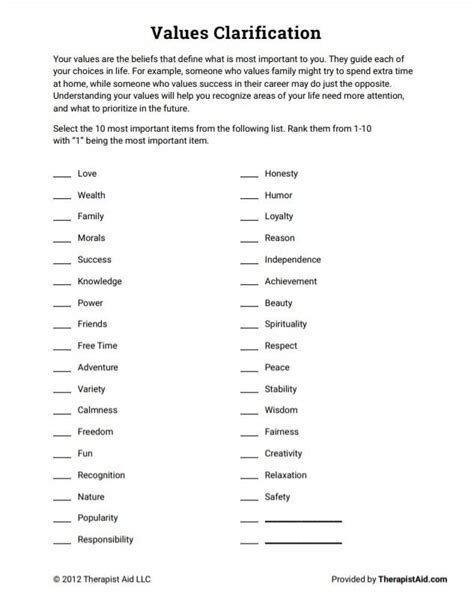 Values Identification Worksheets