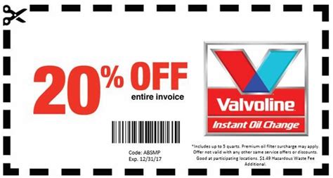 Jan 17, 2024 · Available Valvoline Coupon $15 For January 2024. Valvoline Coupon 15 OFF. Expires. Get Valvoline 15% OFF Total Invoice for a location near you. Currently, there is no expiration date. Valvoline 15% OFF Invoice for Military. Currently, there is no expiration date. Valvoline 15% OFF instant Oil Change Promo Code. . Valvoline coupon dollar25 synthetic