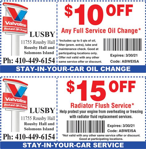 Valvoline Instant Oil Change is a quick and convenient way to keep your car running smoothly. Find a location near you and save on oil changes, tire rotation and other preventive maintenance services with Valvoline coupons. No appointment needed, just drive through and get quality Valvoline oil and filters in about 15 minutes..