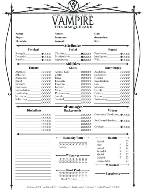 Vampire 5th Edition Character Sheet Form Fillable Printable Forms