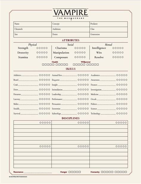 Vampire Masquerade 5E Character Sheet