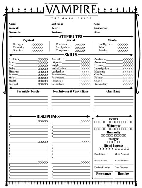 Vampire The Masquerade 5th Edition Form Fillable Character Sheet