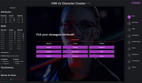 Vampire the masquerade 5th edition character generator.  Create V5 & V20 characters,...