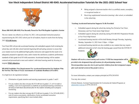 Van Vleck ISD HB 4545 Accelerated Instruction Tutorials for the 2021