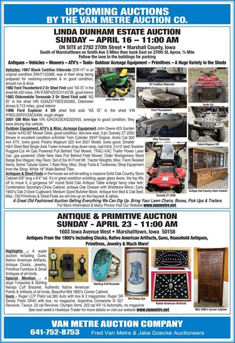 Van Metre Auction. Menu. Upcoming Auctions. October 8 On Site Auction; October 15 In Person Auction; My account; Auction Rules; Pay Online; Consign With Us; ... Auction started June 9, 2023 9:00 AM: Send Private Message. Name: Email: Message: Send Contact Us. office@vanmetre.net (641) 752-8753. 1603 Iowa Ave W..