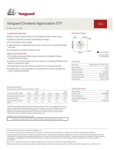 Vanguard dividend appreciation. Vanguard's Dividend Appreciation ETF is the most popular of these 4, with over $45 billion in assets. This fund focuses on dividend growth stocks – companies with an increasing dividend payment for at least 10 consecutive years. The fund seeks to track the NASDAQ US Dividend Achievers Select Index, formerly known as the Dividend … 