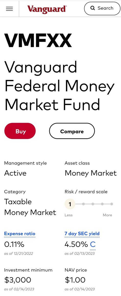 Vanguard Federal Money Market Fund (VMFXX) 0.11%: 5.3%: Vanguard Treasury Money Market Fund (VUSXX) ... one of the best ways to maximize yield potential from a money market fund is to keep fund ...