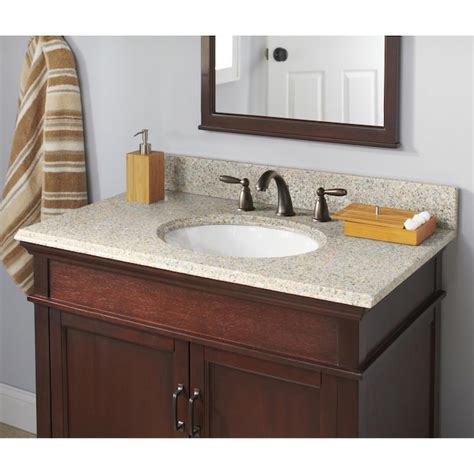 Bestview. 31-in Glacier White Granite Undermount Single Sink Bathroom Vanity Top. Model # 261048. Find My Store. for pricing and availability. 42. Bestview. Santa Cecilia Light 49-in Brown/Polished Granite Undermount Single Sink Bathroom Vanity Top. Model # 261007. . 