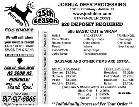 Vans Deer Processing Price List