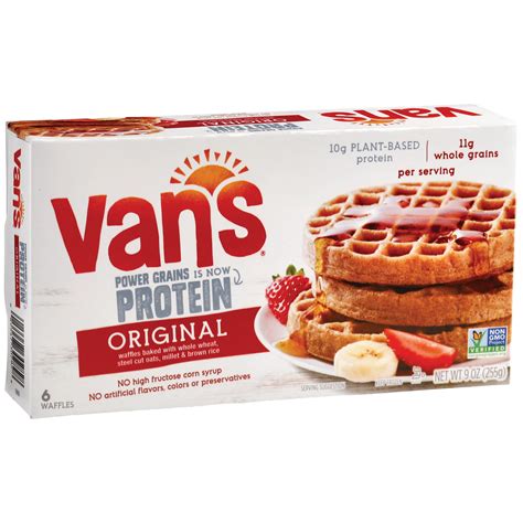 Vans protein waffles. Find Vans Frozen Vans Blueberry Waffle, 9 oz at Whole Foods Market. Get nutrition, ingredient, allergen, pricing and weekly sale information! ... Protein 2g. Vitamin D 0mcg . 0%. Potassium 95mg . 2%. Iron 1mg . 6%. Calcium 240mg . 20% 