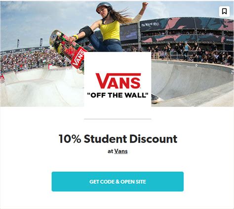 Use this Vans student discount and get 12% off your next order. Deal. Verified. Editor's Pick. Terms. 12%. OFF. See Deal 30%. OFF. Deal. 30% off selected women's platform shoes ... Our experts are working on bringing you the latest Vans discount codes so you can be on top of the latest trends without breaking the bank.. 