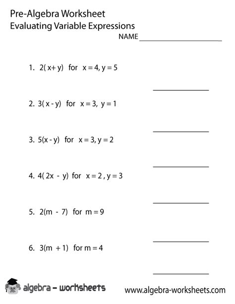Variables PreAlgebra Worksheet Printable