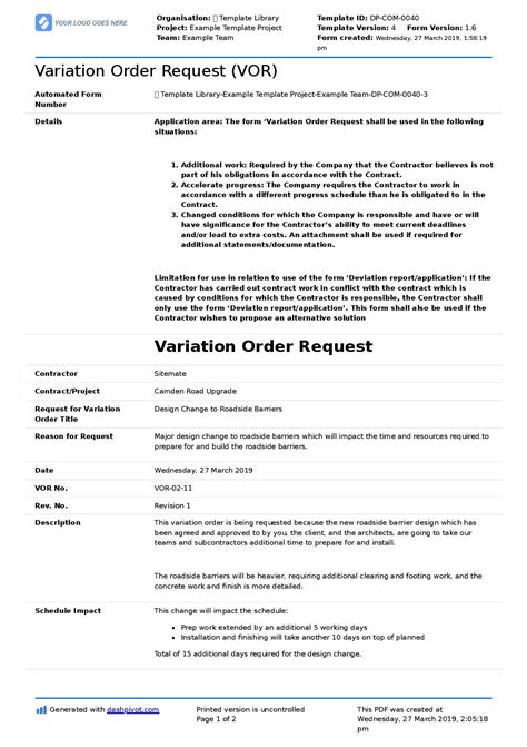 Variation Order Request Form Template A Better Way To Manage Vor S
