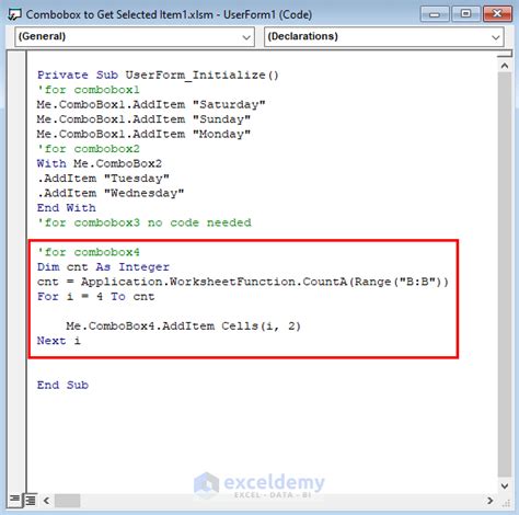 Vba combobox get selected item.  Use the Selected property to select items in a combo box...