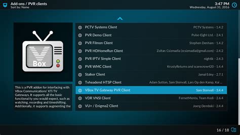 Vbox tv gateway pvr client.  Select My add-ons 5.  It supports all the basic func...