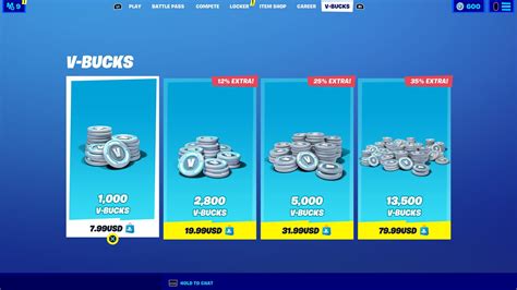 This is where players can spend their money directly to purchase Fortnite V-Bucks. They are available in different size bundles where each one offers a different value for money. These are the four options available to purchase V-Bucks in Fortnite: 1000 V-Bucks - $7.99 (Value: 125 V-Bucks/$) 2800 V-Bucks - $19.99 (Value: 140 V-Bucks/$). 