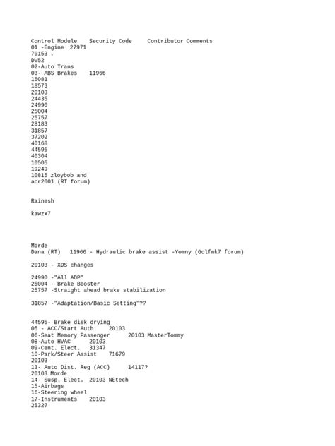 Vcds security access code airbag.  The document lists various control modules and ...