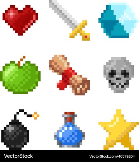 Vecteur Stock Set of pixel art objects. Retro game 8 bit style icons ...