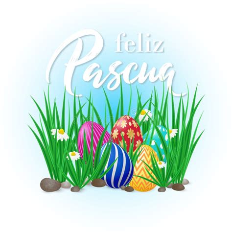 Vector Card Happy Easter in Spanish Language with Green Grass, Spring