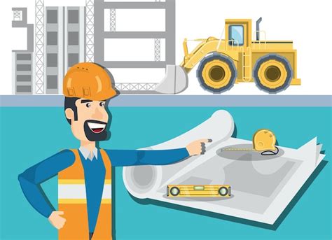 Vector of a Cartoon Engineer Carrying Blueprints and Tools Coloring