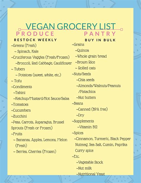Vegan grocery list. Crafting a Comprehensive Vegan Grocery Shopping List: A Detailed Guide ; Fruits: Apples; Bananas; Berries (strawberries, blueberries, raspberries); Citrus fruits ... 