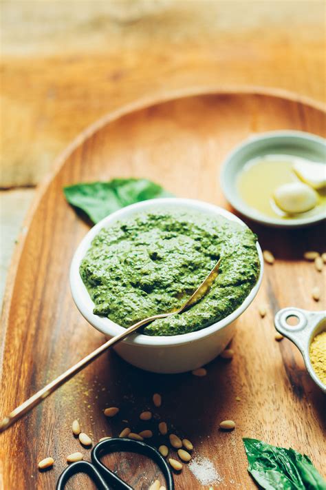 Vegan pesto recipe. Jan 13, 2022 ... Ingredients · 2 (80 g) cups spinach · 2 cups (36 g) herbs of choice* · 1/4 cup (30 g) pine nuts** · 2–3 (9 g) garlic cloves · 1 ... 