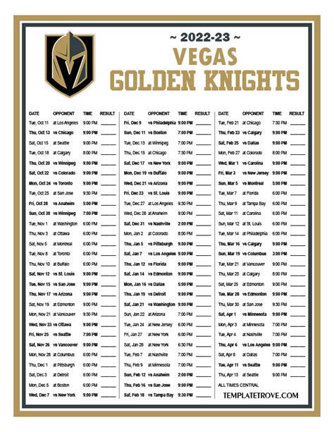 Vegas Golden Knights Schedule Printable