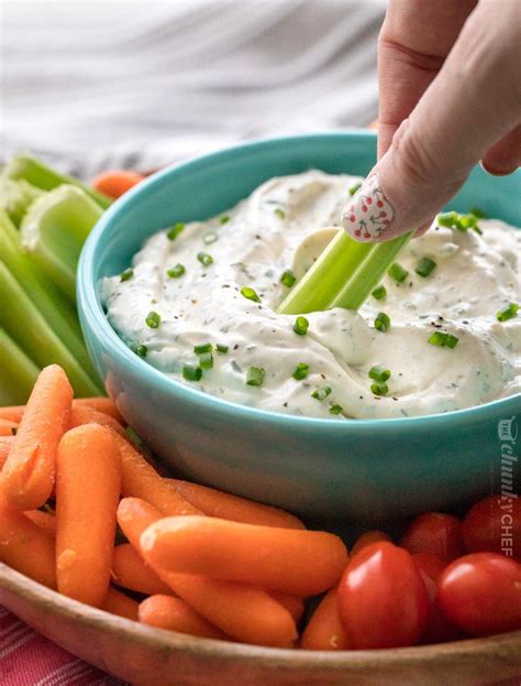 Veggie dip. Instructions. Chop broccoli and cauliflower into florets. Thinly slice carrots (peeled) and celery. Save celery tops and/or carrot tops as a pretty garnish. To make the dip, combine onion mix with sour cream and mix well. Chill until needed. Arrange veggies and dip on your favorite wooden board or tray. 