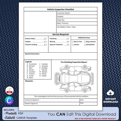 Vehicle Detailing Service Form Editable Auto Detailing Forms Etsy