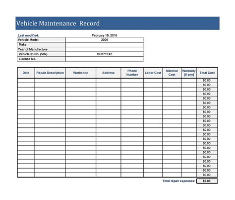 Vehicle Maintenance Log Template