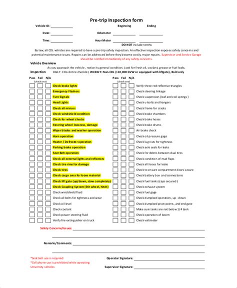 Vehicle Pre Trip Inspection Checklist Template Form Resume Examples