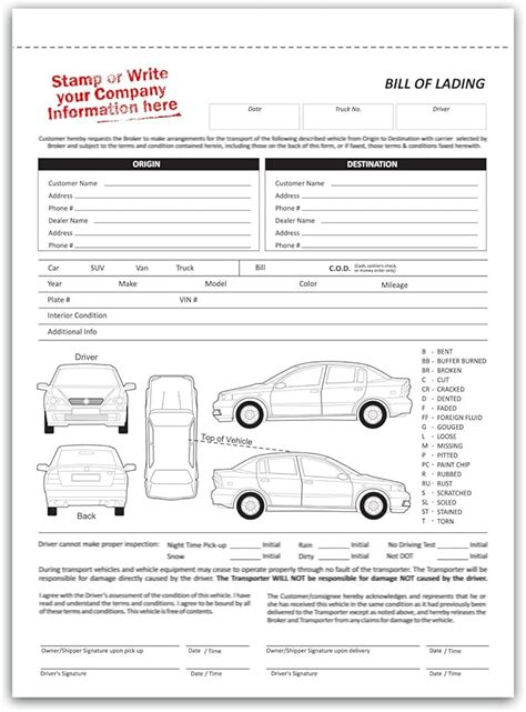 Vehicle Transport Bill of Lading Form by Printit4less Amazon.ca