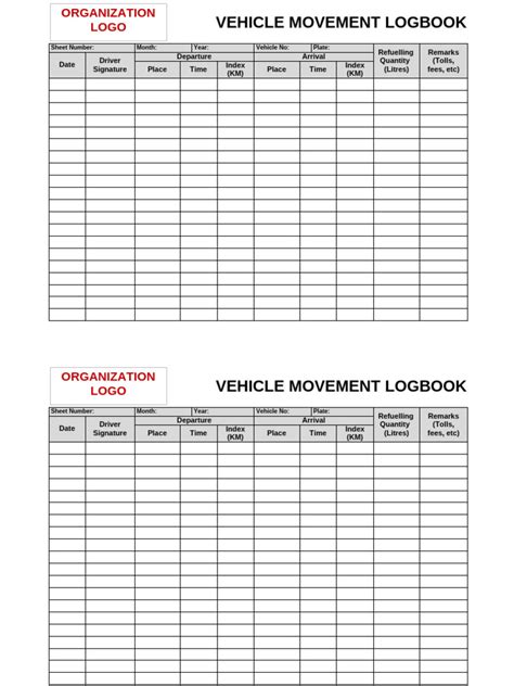 Vehicle movement log book format.  It helps monitor vehicle movements, Vehi...