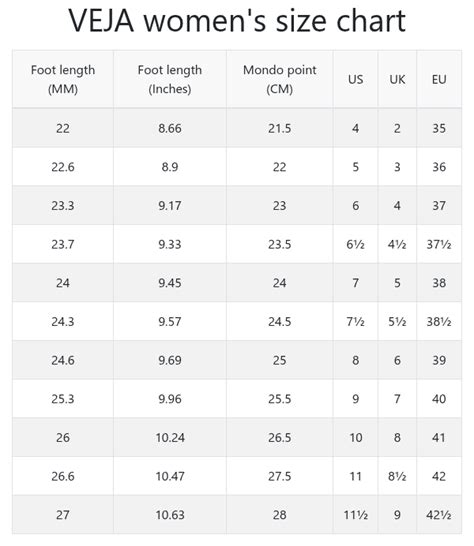 Veja Womens Size Chart
