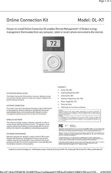 The Online Connection Kit communicates with Verdant thermostats using Verdant’s proprietary 900MHz communication protocol, negating the need for WIFI. ... OL-KT Installation Manual. ... Users can configure an external temperature sensor as the master (use reading from external sensor only) or can use the average of all temperature ….
