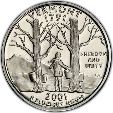 Vermont state quarter. Description: Maple trees with sap buckets, Camel’s Hump Mountain. Image and detailed history of Vermont state quarter. 