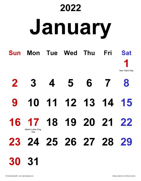 Vertical January 2022 Calendar