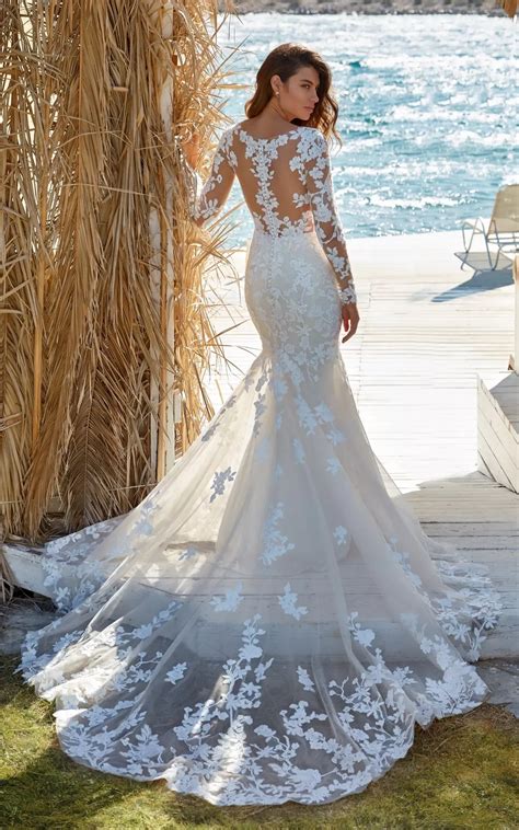 Vestido de novia Corte Sirena Manga de longitud 3/4 Encaje Natural