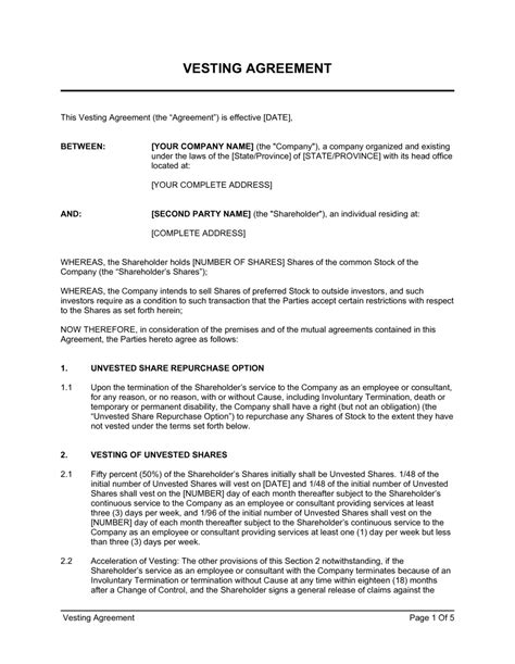 Vesting Agreement Template by BusinessinaBox™