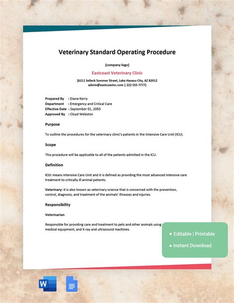 Veterinary Standard Operating Procedure Template Google Docs, Word