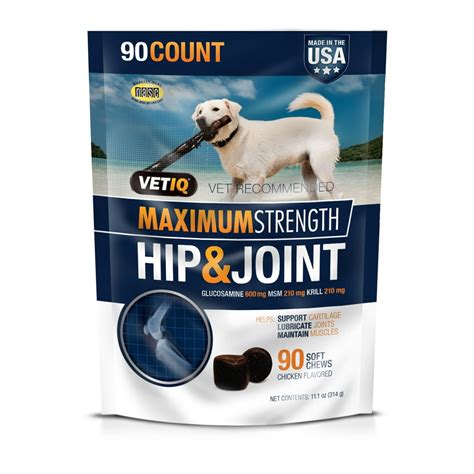 VetIQ Hip & Joint Supplement for Dogs supports your dog's hips & joints in a tasty chicken-flavored soft chew to keep them moving with you for your next adventure. VetIQ Hip & Joint is a veterinarian-recommended health supplement that is made with Glucosamine, Omega-3's, and MSM to help support cartilage, lubricate joints, and maintain ...