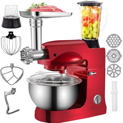 VEVOR Stand Mixer,4 in 1 1000W Multifunctional Electric Kitchen Mixer 6-Speed Meat Grinder Juice Blender with 5.3QT Stainless Steel Bowl, Hook, Whisk and Beater Tilt-Head Dough Machine, Red (28) . 