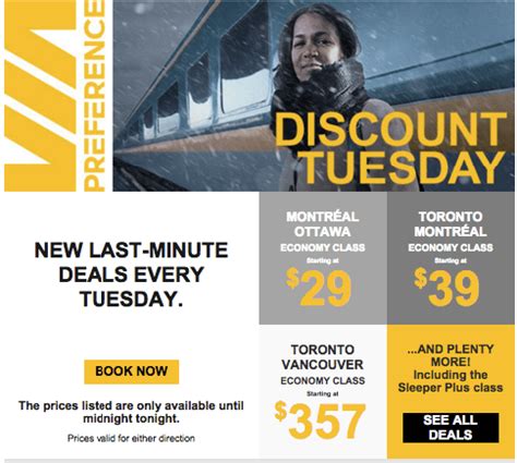 Via rail tuesday discount reddit. gttavisions • 1 min. ago. Every discount Tuesday deal is different and there's no guarantee that the deal will apply to the train, class, or travel dates / times that you want. Best advice is to always book as early as possible and use a discount code that you are eligible for. 